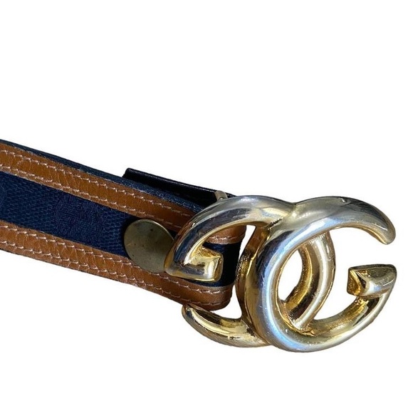 Vintage Gucci Belt GG Gold Buckle Tan Leather Black Canvas 1970s Size 22\
